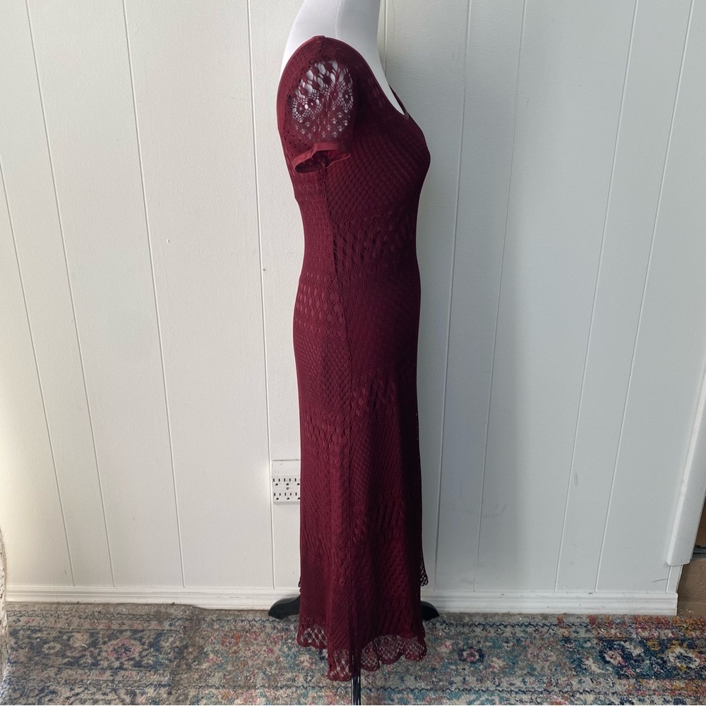 VTG Y2K Burgundy Bodycon Midi Dress Crochet Short Sleeve Daphne Frasier‎ Sz S - Picture 7 of 13